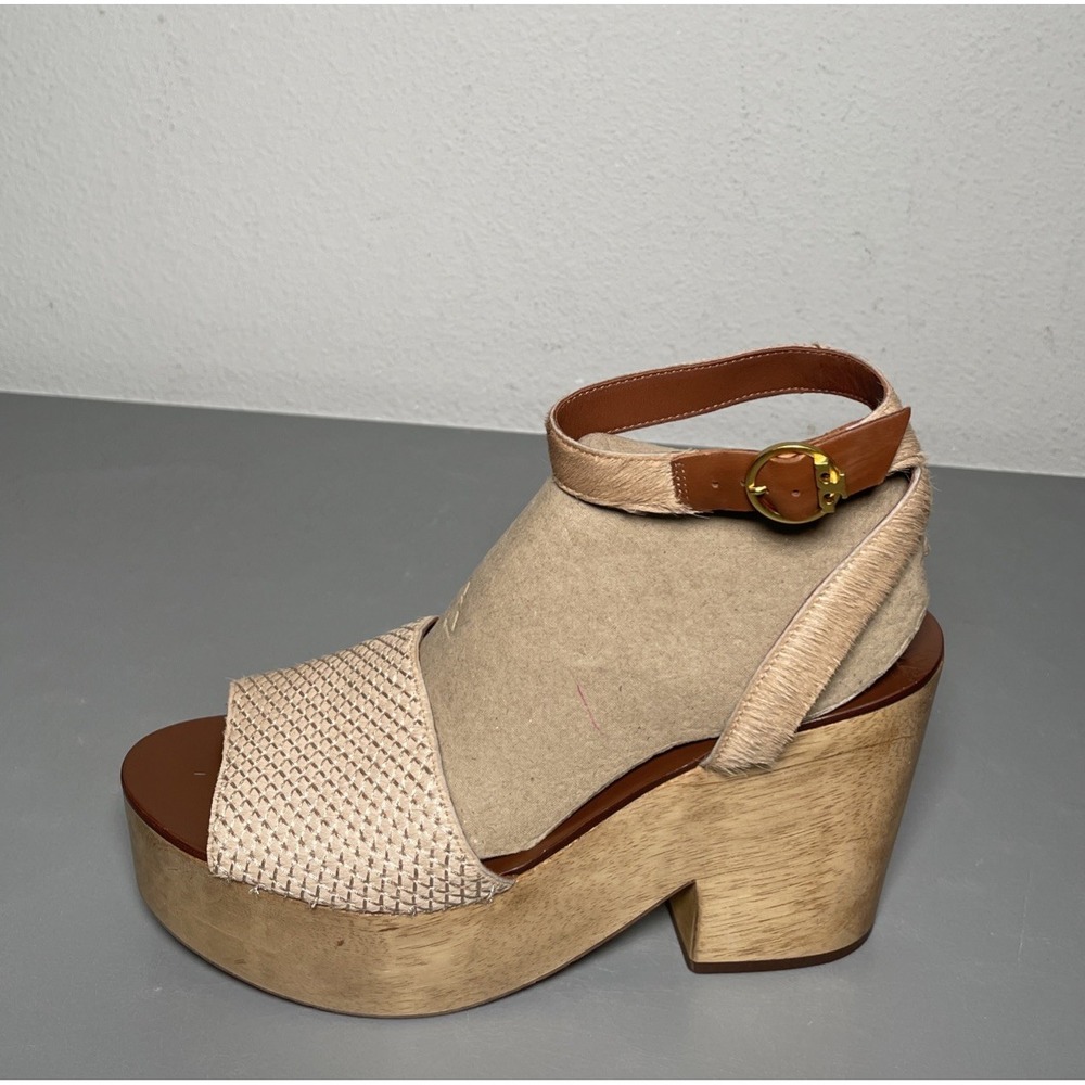 Tory Burch Camilla Real Calf Fur Hair Leather & Wood Platform Sandal Clogs 9.5M